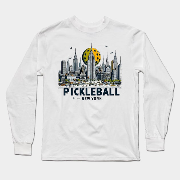 New York Pickleball Skyline with Ball Design Long Sleeve T-Shirt by Battlefoxx Living Earth